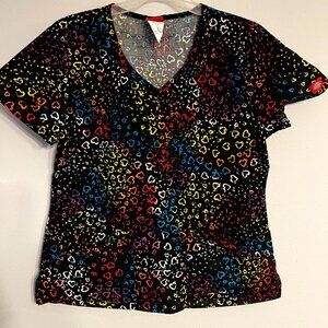 Dickies Women's Colorful Scrub Top size Medium black with colorful hearts